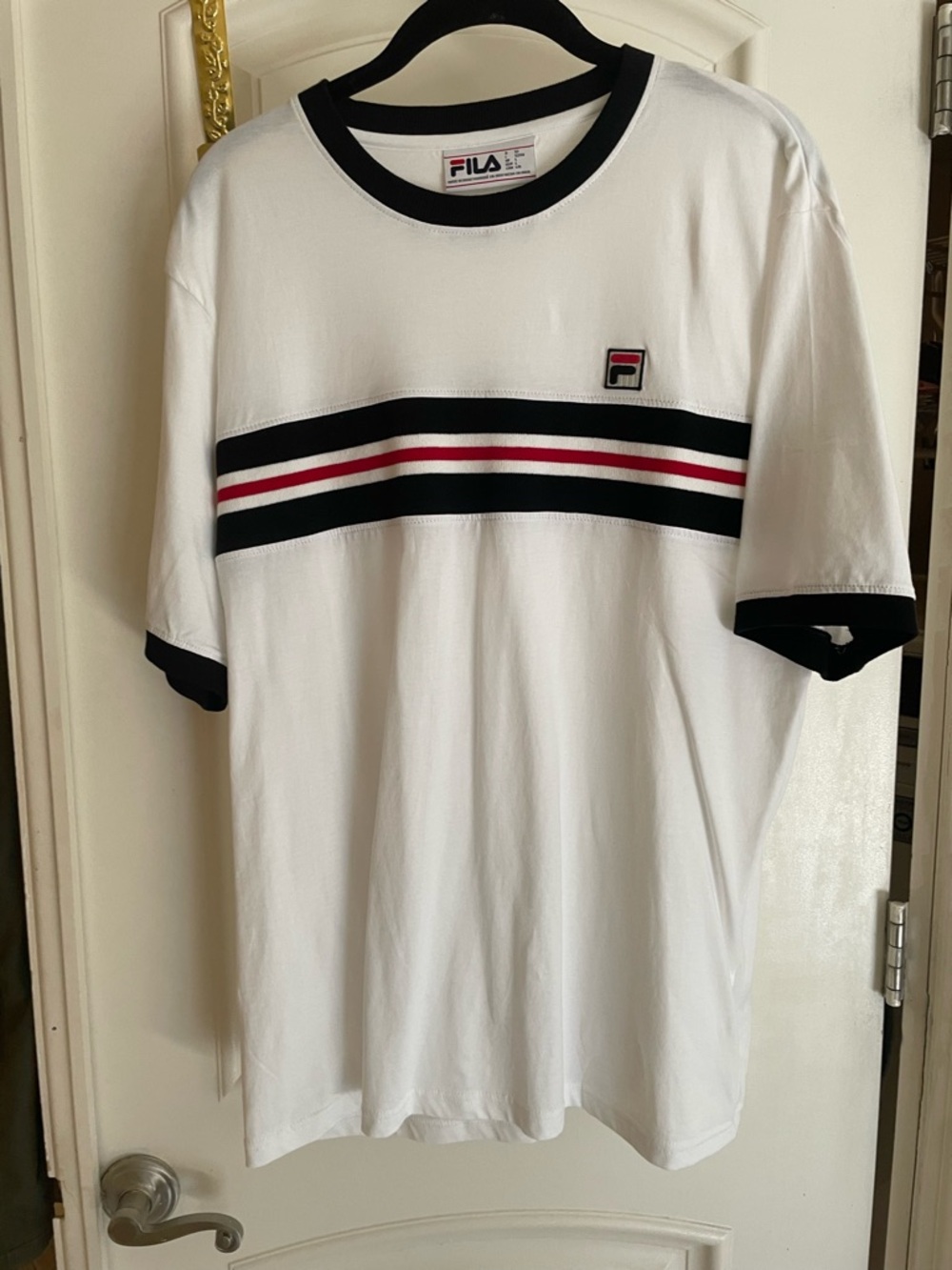 Fila White Short Sleeve Crewneck Tee with Black & Red Stripes